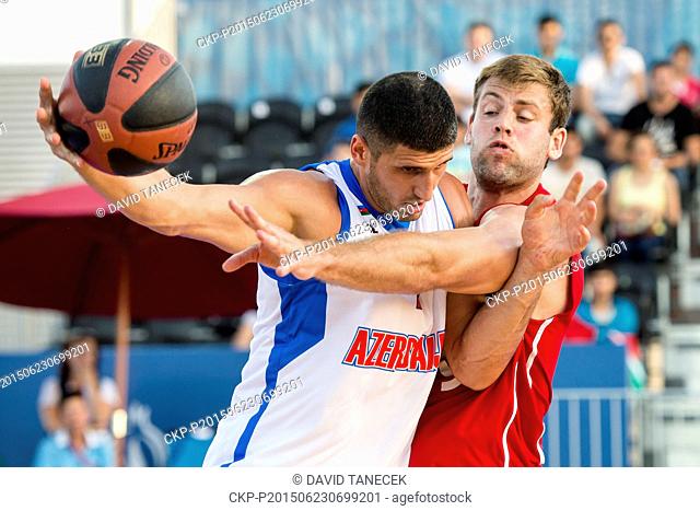 From left: Orhan Haciyeva of Azerbaijan and Kamil Svrdlik of Czech Republic fight for ball during the Men's 3x3 Basketball match Azerbaijan vs Czech Republic at...