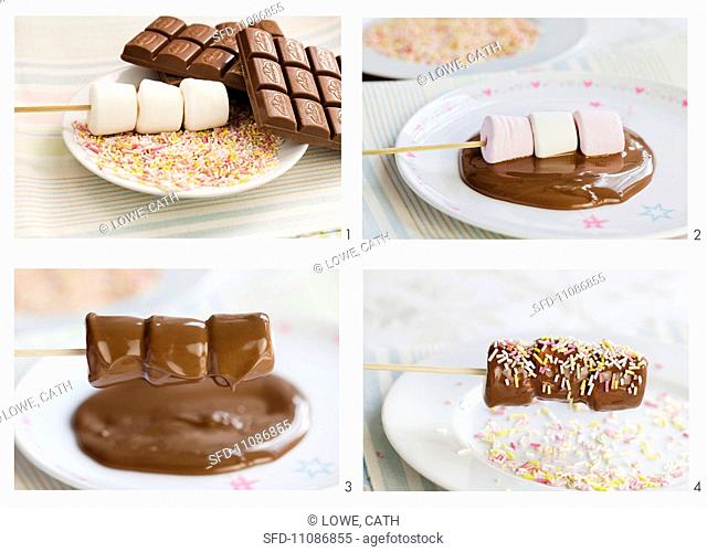 Marshmallows being glazed with chocolate and decorated with sprinkles