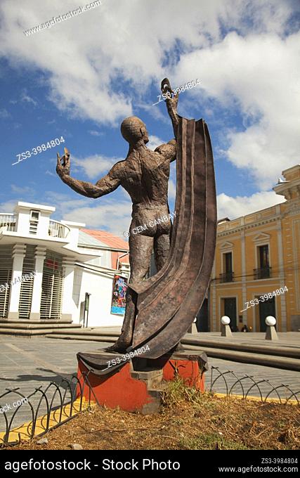 Bronze statue in front of the Teatro Municipal Alberto Saavedra Perez at the historic center, La Paz, Bolivia, South America
