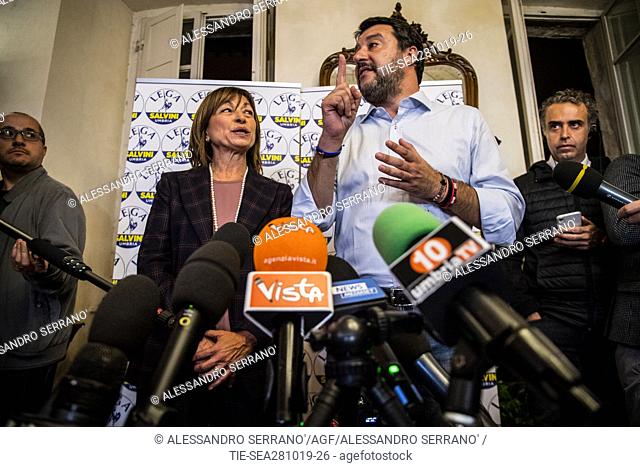 Matteo Salvini, leader of the political party Lega speaks to the media with newly elected governor of the region Donatella Tesei after the victory in the...