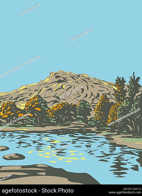 WPA Poster Art of Barker Dam within the Wonderland of Rocks in Joshua Tree National Park located in California United States done in works project...