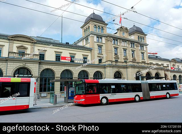 Winterthur, ZH / Switzerland - April 8, 2019: Winterthur train station with city buses waiting at the bus stop