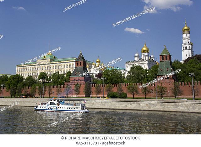 Tour Boat on Moscow River, Kremlin, UNESCO World Heritage Site, Moscow, Russia