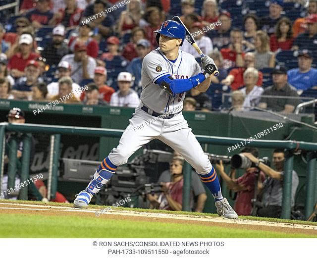 New York Mets center fielder Brandon Nimmo (9) bats in the first inning against the Washington Nationals at Nationals Park in Washington, D.C