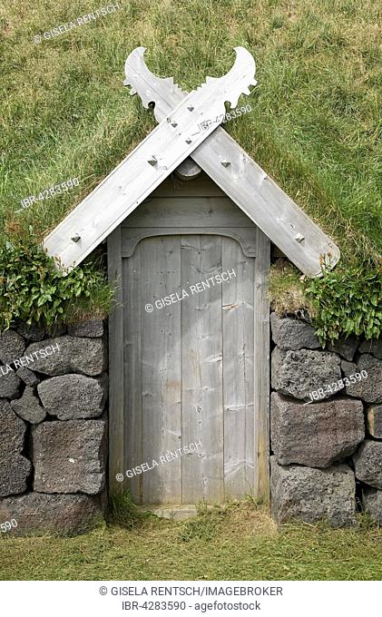 Door, house with grass roof, Heimaey Island, Iceland