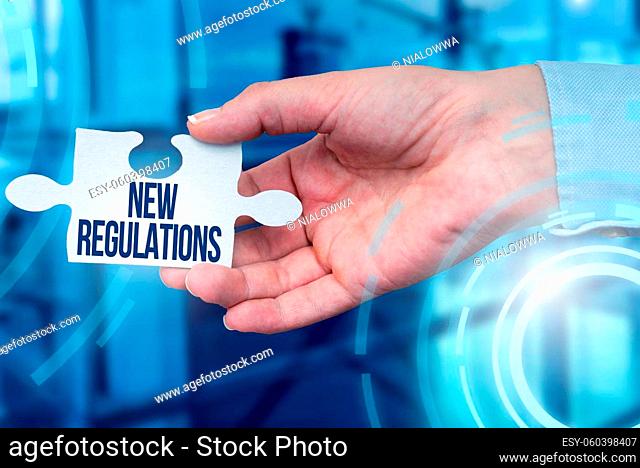 Inspiration showing sign New Regulations, Business approach Regulation controlling the activity usually used by rules. Hand Holding Jigsaw Puzzle Piece...