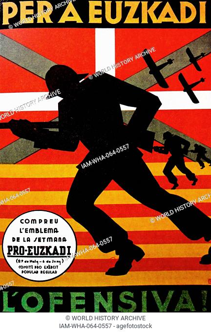 Spanish Civil War Republican propaganda poster 'Per a Euzkadi l'ofensiva! ('For the Basque Country: attack!). Spanish Civil war 1936