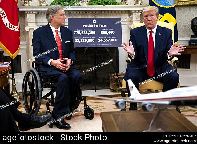 United States President Donald J. Trump makes remarks as he meets with Governor Greg Abbott (Republican of Texas) in the Oval Office of the White House in...