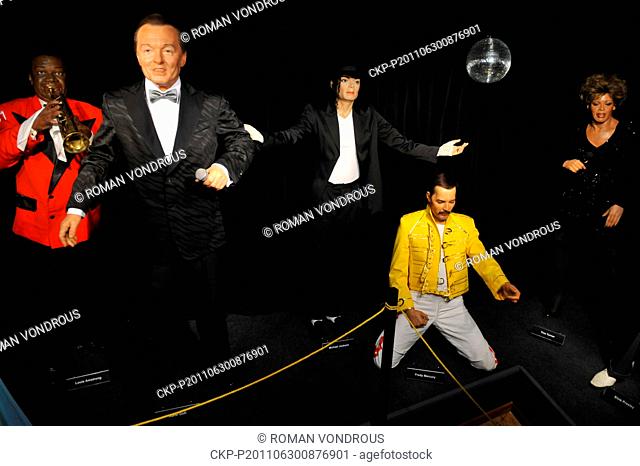 Wax figures of Louis Armstrong (left to right), Karel Gott, Michael Jackson, Freddie Mercury and Tina Turner are photographed in the Wax Museum Prague