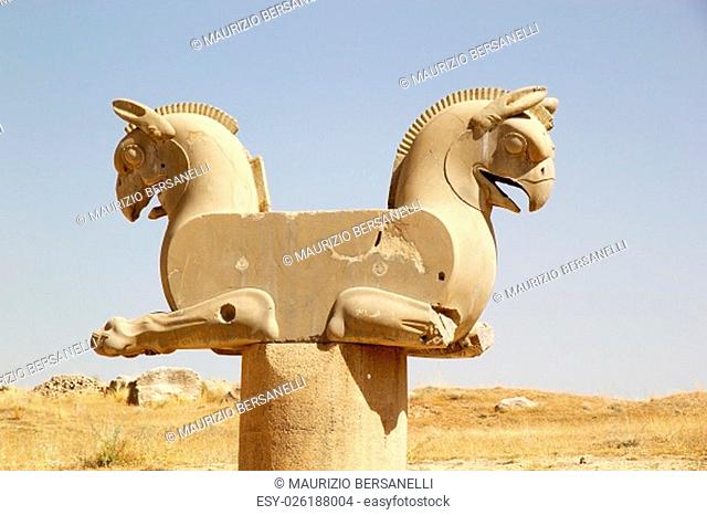 Achaemenid griffin at Persepolis. Persepolis is situated 70 km northeast of Shiraz, Iran, and was the capital of the Achaemenid Empire (550-330 BC)