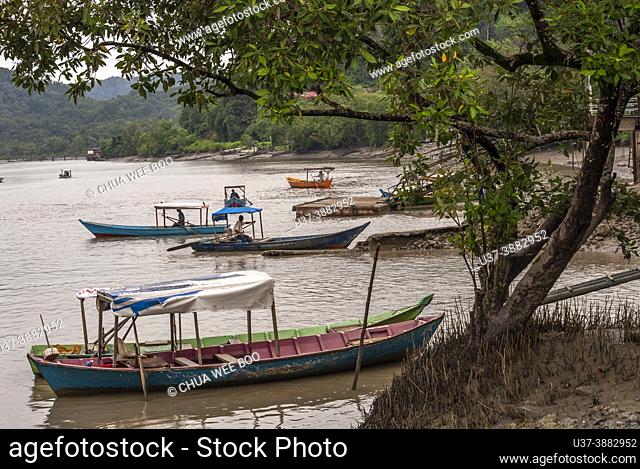 Small wooden boats at the Sungai Tabo river, Bako village, Bako National Park, Kuching, Sarawak, Borneo, East Malaysia.