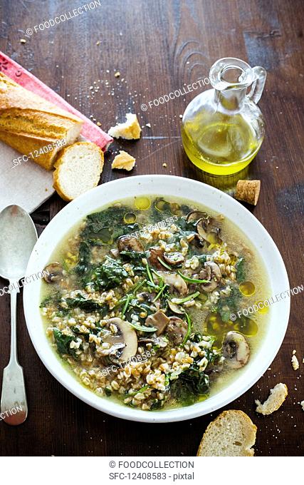 Spelt soup with mushrooms and spinach