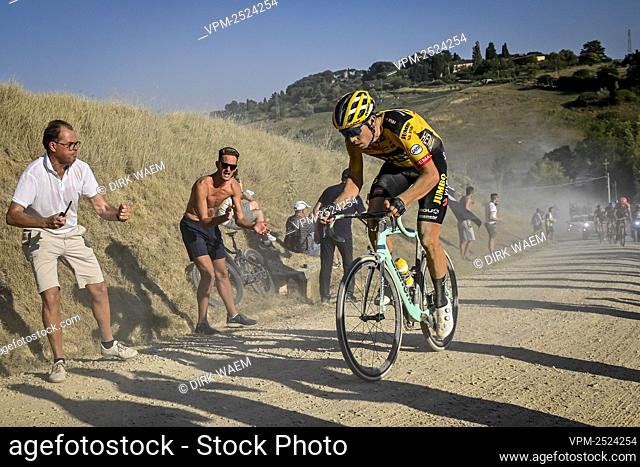 Belgian Wout Van Aert of Team Jumbo-Visma pictured in action during the 'Strade Bianche' one day cycling race (184km - men) from and to Siena, Italy