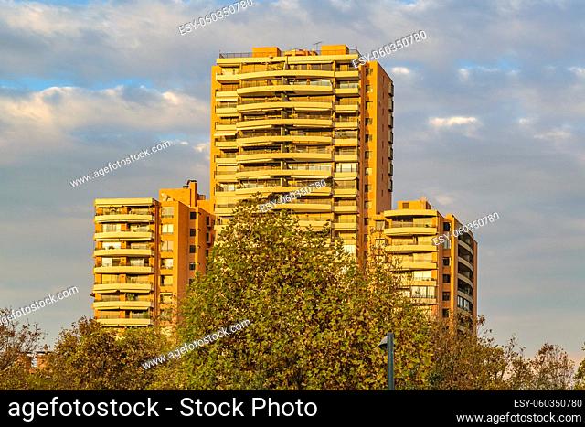 Long distant shot exterior facade of modern apartment buildings located at santiago de chile city