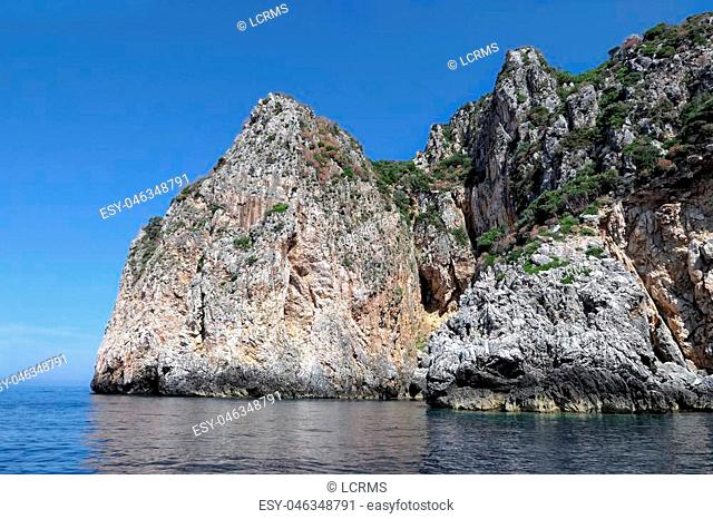 rock formation at paradise beach of Liapades at Corfu Island (Greece). Sedimentary rock cliff of chalk rocks