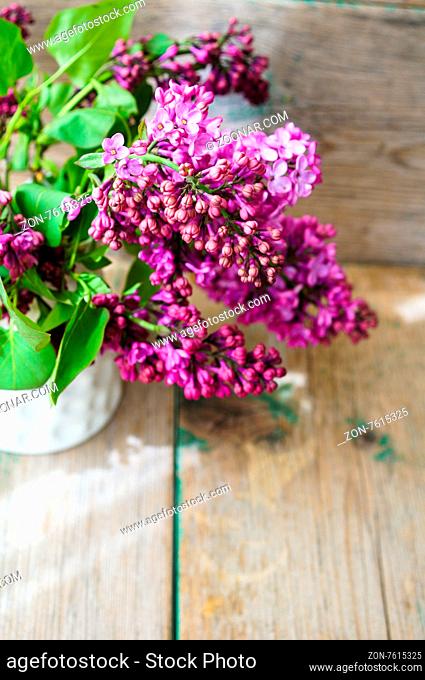 Lilac flowers in a pot in rustic interior