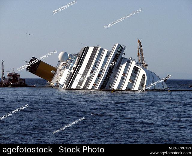 The sinking of the cruise ship ""Costa Concordia"" in front of the island of Giglio. Isola del Giglio (Italy), 10 July 2012