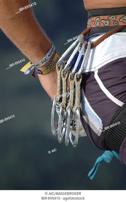 Climber's hand reaching into a chalk bag, Losenstein, Upper Austria, Austria, Europe