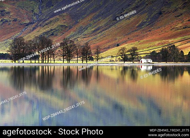 UK - England Cumbria Lake District National Park Lake Buttermere with reflections in autumn Europe European England English Great Britain Britain British UK...