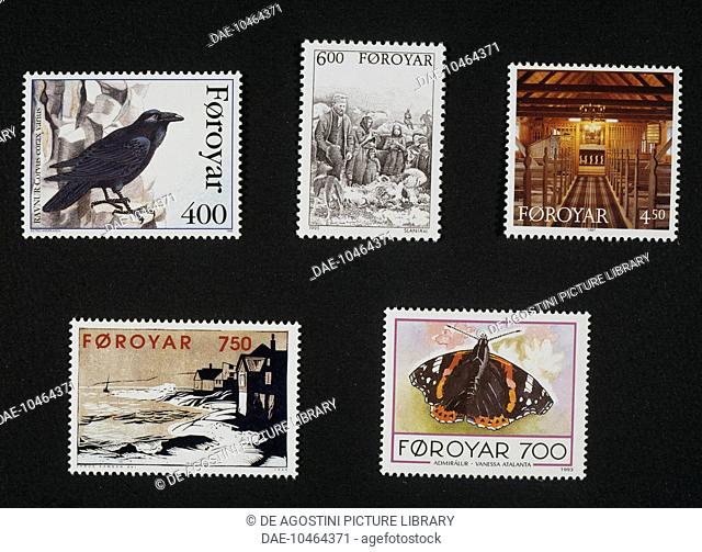 Top from left, postage stamp depicting the pied raven from the Faroe Islands (Corvus corax varius); postage stamp depicting sheep shearing