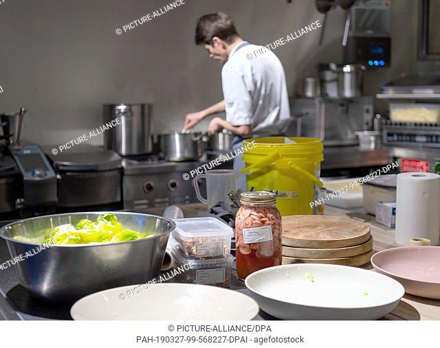 26 March 2019, Berlin: A cook stands in a restaurant kitchen at the stove and cooks. In the foreground are plates and various food on the table