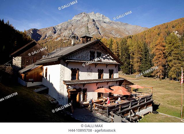 Mountain inn, Choglias, inn, inn, Graubunden, Grisons, autumn mood, Switzerland, Europe, Sent, Unterengadin, Val Sinestra, Vna