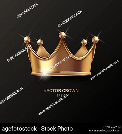 Vector 3d Realistic Golden Sparkling Shiny Crown Icon Closeup Isolated. Yellow Metallic Crown Design Template. Gold Royal King Crown