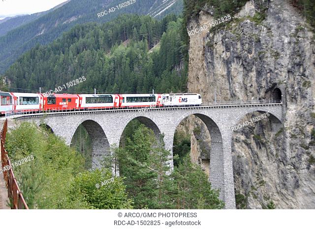 Crossing Landwasser Viaduct, Glacier Express train, Grisons, Switzerland