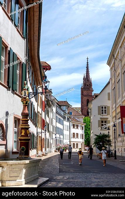 Basel, BL / Switzerland - 8 July 2020: view of the historic old city center in downtown Basel with the cathedral in the background