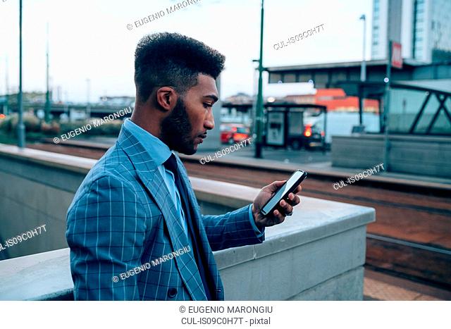 Businessman using smartphone on pavement, Milano, Lombardia, Italy