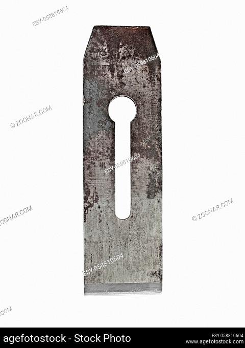 vintage forged rusty bench plane blade over white, clipping path