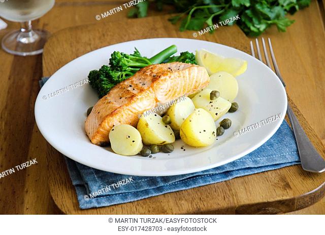 Baked salmon with mustard and caper potatoes