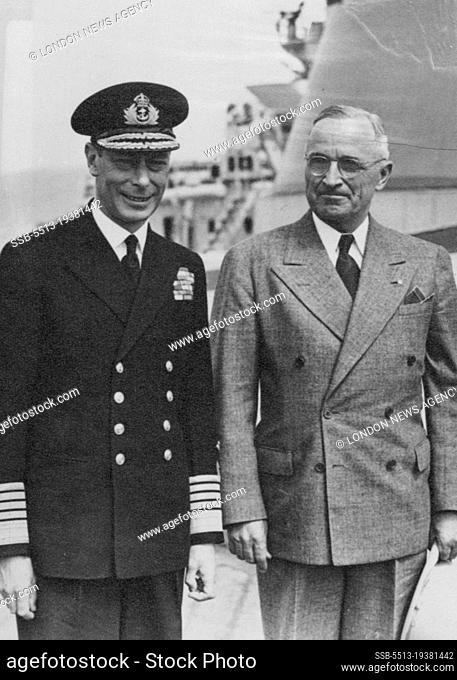 President Truman Received By The King in Plymouth Sound. Return Visit to American Warship: The King and President Truman aboard H.M.S. ""Renown""