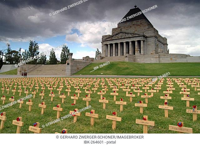 Wooden crosses in front of the Shrine of Remembrance, Melbourne, Victoria, Australia