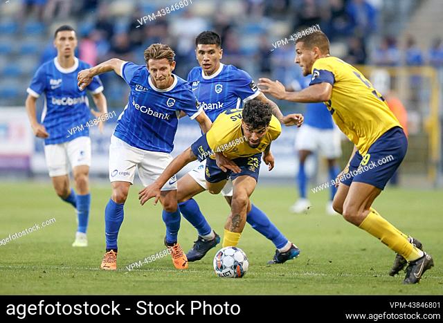 Genk's Patrik Hrosovsky, Union's Cameron Puertas Castro and Union's Ismael Kandouss fight for the ball during a soccer match between RUSG Royale Union...