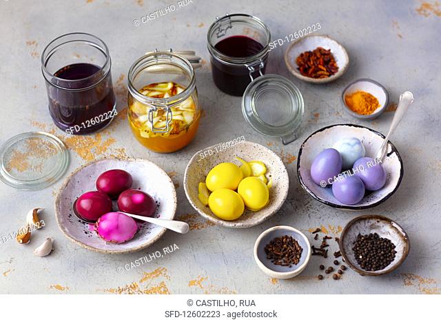 Hard-boiled eggs marinated and dyed with natural colors