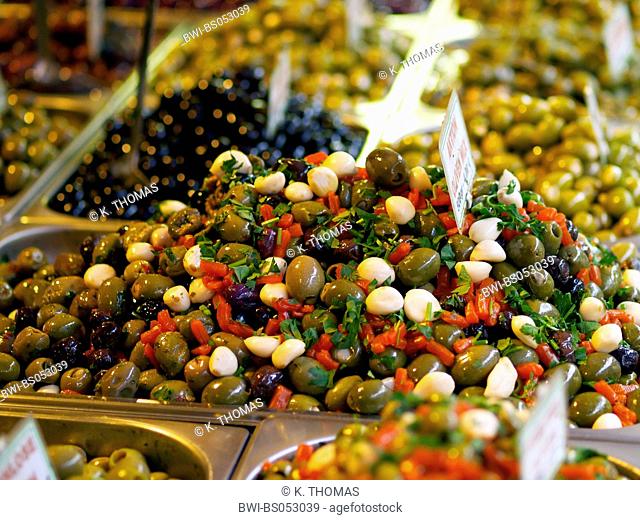 Naschmarkt different kinds of olives, Austria, Vienna, 5. district, Vienna - Naschmarkt
