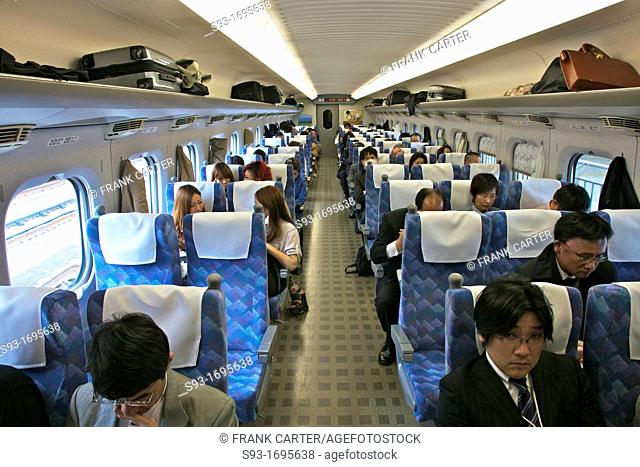 A view of the seating inside a bullet train Shinkansen