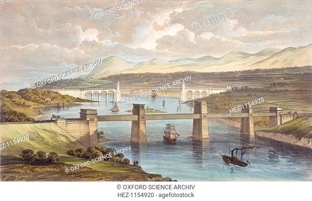 The Britannia Tubular Bridge, Menai Strait, Wales, c1850. The Britannia Tubular Bridge with the Menai Suspension Bridge, a road bridge of 1826