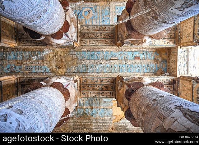 Columns and hall ceiling, large vestibule Pronaos, Temple of Hathor, Dendera, Qina, Egypt, Africa