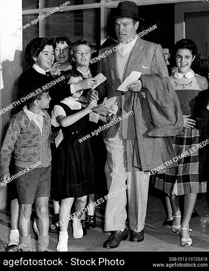 Visiting cojaedian Bob Hope beseiged by children eager to get his autograph when he arrived back in Sydney from Brisbane this afternoon. May 31, 1955