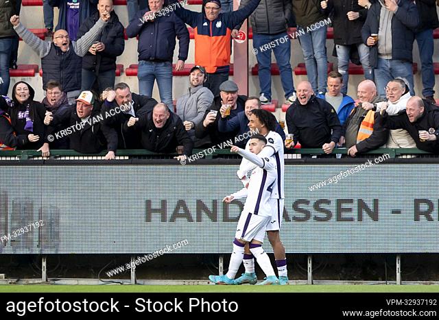 Anderlecht's Anouar Ait El-Hadj and Anderlecht's Joshua Zirkzee celebrate after scoring during a soccer match between KV Kortrijk and RSC Anderlecht