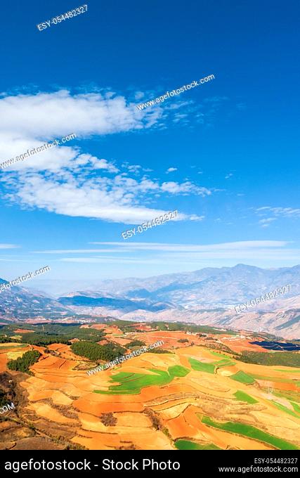 beautiful red land against a blue sky, dongchuan district, kunming city , yunnan province, China