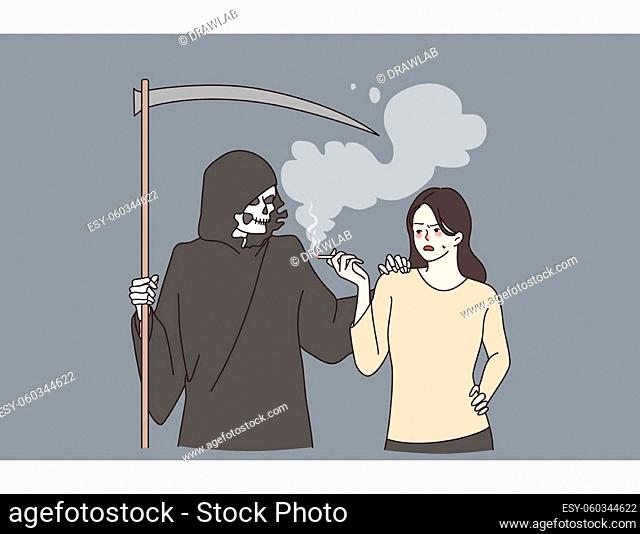 Addiction to smoking and death concept. Death character in hood standing next to woman lighting cigarette addicted to smoking vector illustration