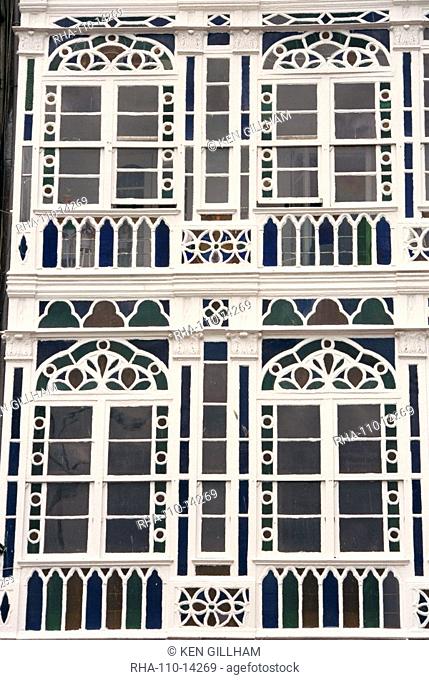 Detail of Las Gallerias, glassed frontages, of houses in La Coruna, Galicia, Spain, Europe