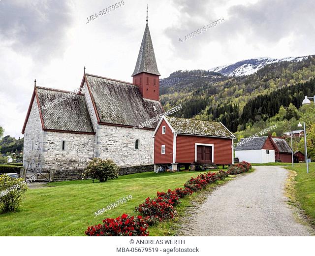 Historical church of Dalen at the Lustrafjord, inner branch of the Sognefjord, Sogn og Fjordane, Norway