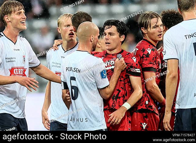 Aarhus' Nikolaj Poulsen and Club's Hugo Vetlesen pictured during the return game between Danish AGF Aarhus and Belgian soccer team Club Brugge