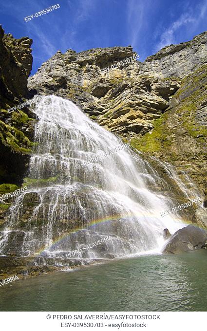 Rainbow in Cola de Caballo waterfall, Ordesa National Park, Pyrenees, Huesca, Aragon, Spain