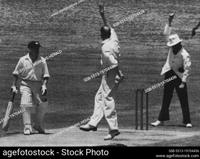 Bill O'Reilly put plenty of vim into his appeal when I. Johnson was caught behind wickets for 88. An incident at Carlton Oval today. January 07, 1946