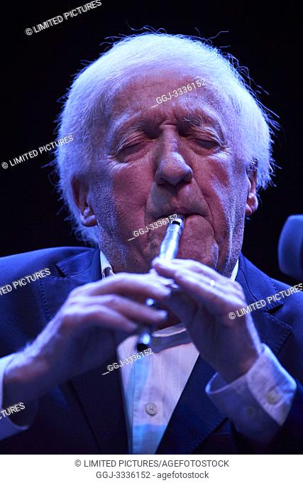 Paddy Moloney from The Chieftains and Carlos Nunez in concert at Las Noches del Botanico Festival on June 26, 2019 in Madrid, Spain